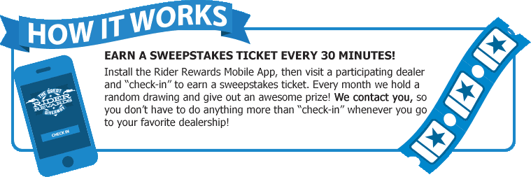 How It Works: Earn a sweepstakes ticket every 30 minutes, with the Rider Rewards app.